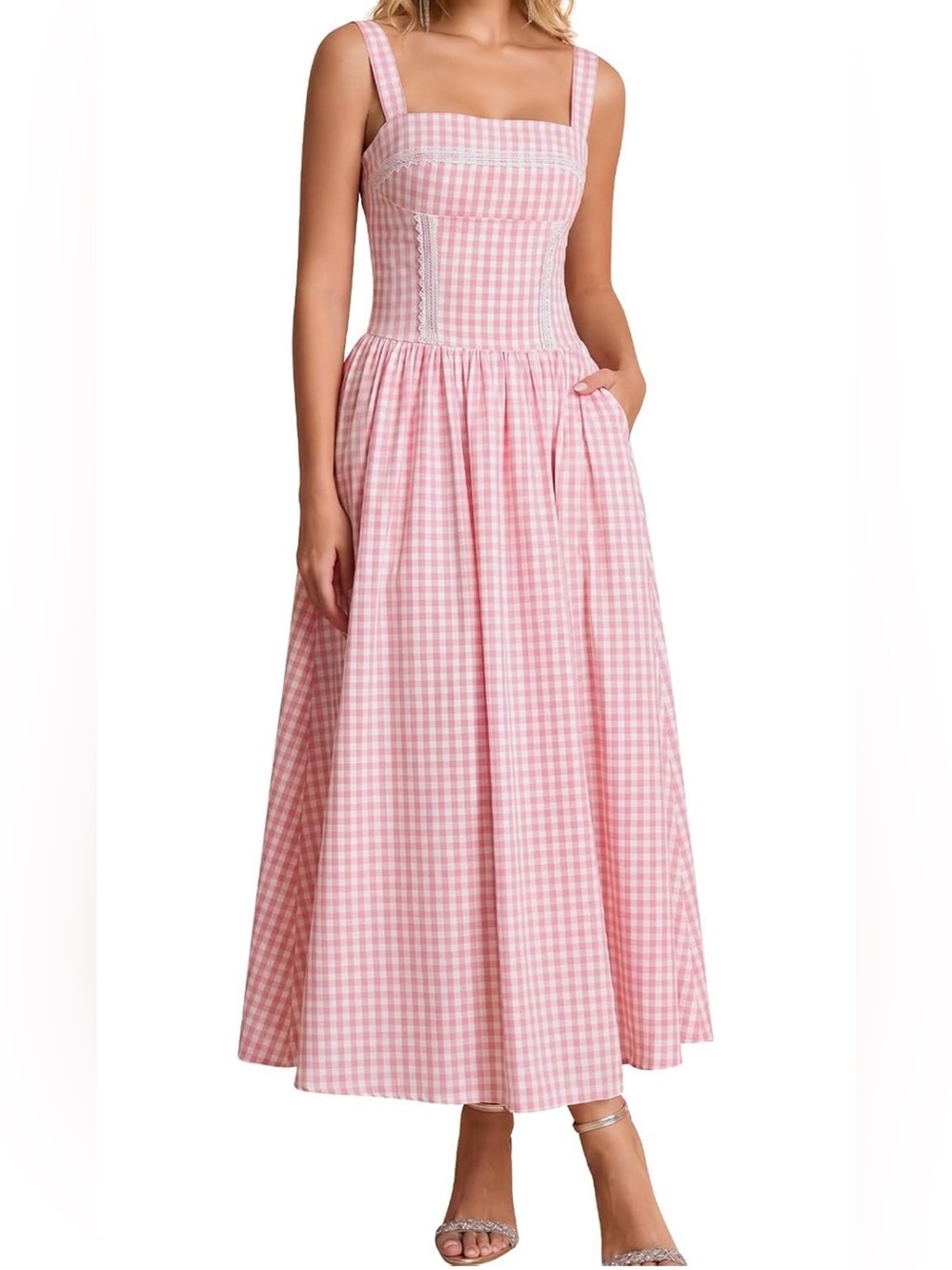 Brand New! Pink Gingham Square-Neck Maxi Corset Dress (Size: Large) - Picture 4 of 7